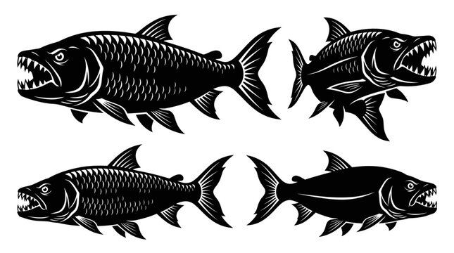 Black and white vector silhouette set of Goliath Tigerfish