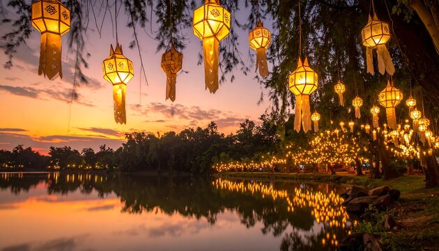Glowing Paper Lanterns Hanging Beside Calm Lake at Sunset