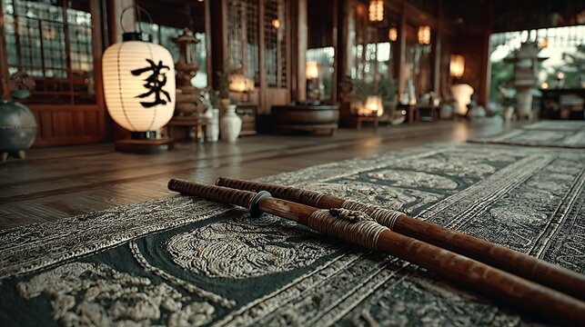Traditional kendo shinai crossed on dojo mat wallpapers