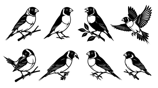 Black and white vector silhouette set of Gouldian Finch