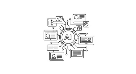 Fototapeta premium AI Integration Concept Line Art - Minimalist Artificial Intelligence Network for Digital Services and Data Processing