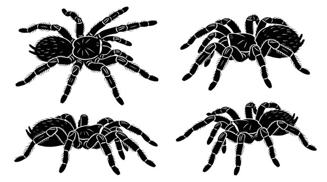 Black and white vector silhouette set of Green Bottle Blue Tarantula