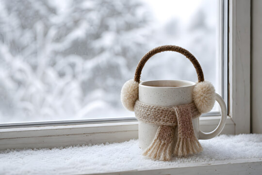 Coffee mug wearing a tiny scarf and earmuffs on a snowy windowsill