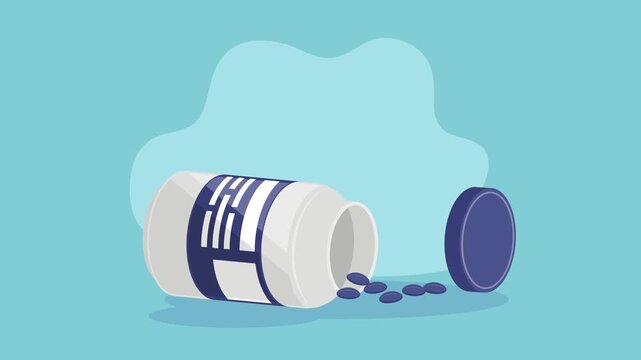 Bottle of blue pills falling and spilling on ground 2D animation footage with medicine concept.
