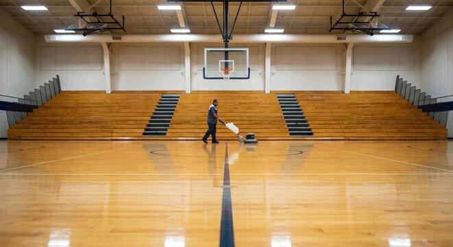 Janitor buffing basketball court floor in empty gym