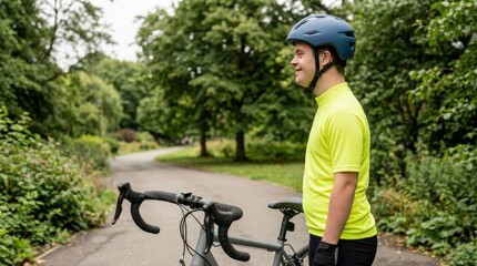 Cyclist with Down Syndrome Wearing Safety Gear in Park