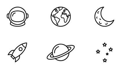 Space Icons Set, Cosmic Exploration Vector Graphics, Astronaut Helmet, Planet Earth, Moon, Rocket, Saturn, Stars Collection © Abdullah
