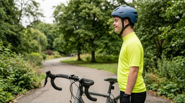 Cyclist with Down Syndrome Wearing Safety Gear in Park
