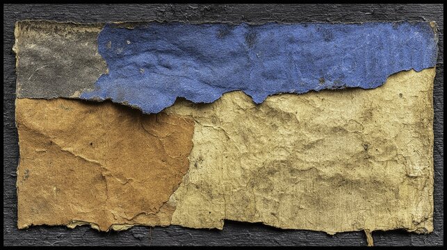 Weathered flag with torn blue and yellow sections on a dark background