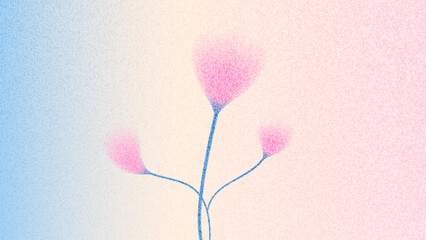 Fototapeta na wymiar Grain gentle flower bouquet on soft pink blue gradient background. Grainy pink tulip blur with dot noise for spring banner. Pastel floral vector with diffused shadow and neutral beige tones.