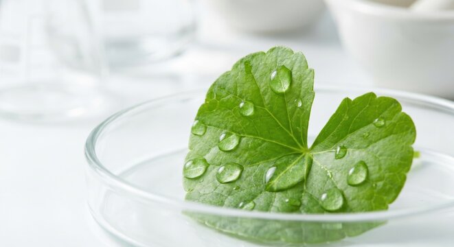 Fresh Centella Asiatica leaf with water drops in Petri dish