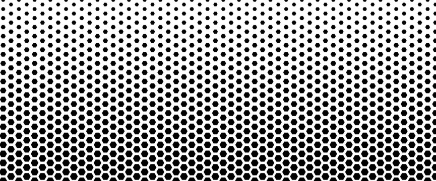 Honeycomb gradient fiber with carbon hexagon on white for digital tech print. Black hex pattern fades from dense nano mesh to open scattered dots. Abstract honeycomb vector for futuristic design.