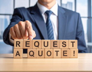 Naklejka premium Request a quote! - Geschäftsmann zeigt auf den Text 