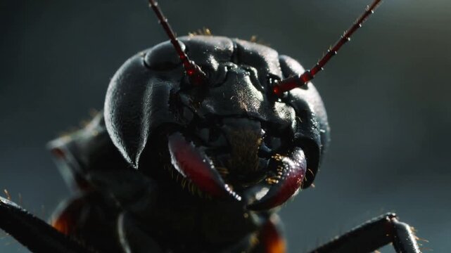 A terrifying ant like alien insect with sharp mandibles in extreme macro close up and dramatic dark lighting - aggressive futuristic bug creature with sci fi atmosphere - danger and mutation concept