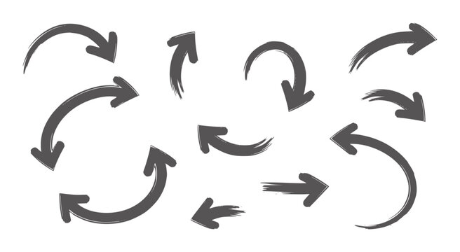 Collection of dark gray brush stroke arrows pointing in various directions