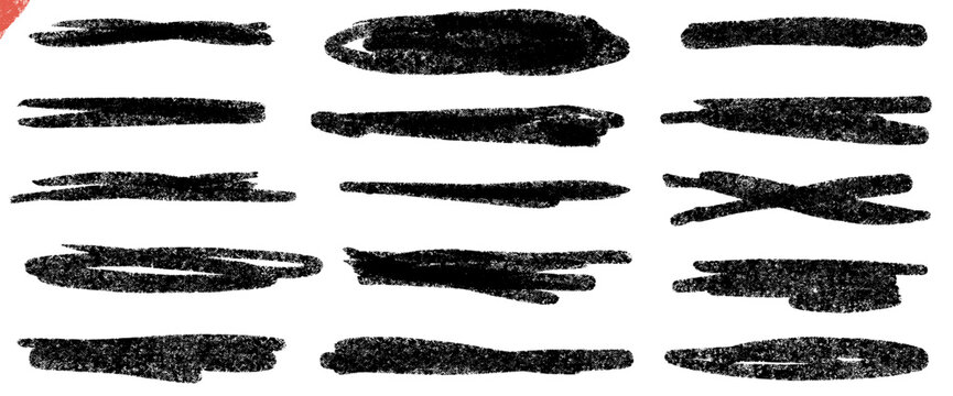 Highlight underline and brush strokes in black crayon on white. Pencil texture with drawn strikethrough and bold oval shapes set. Rough vector highlight set with line cross marks isolated on white bg.