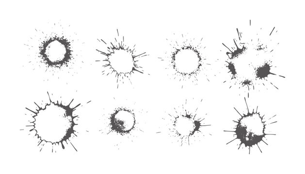 Collection of eight dark grey ink splatters and splashes white blot stain