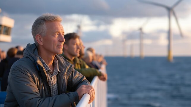Offshore wind farm seen from ferry deck at golden hour, turbines stretching to horizon in geometric rows, multicultural group of tourists leaning on railing pointing, perfect for offshore wind,