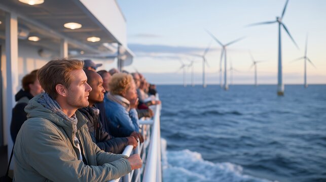 Offshore wind farm seen from ferry deck at golden hour, turbines stretching to horizon in geometric rows, multicultural group of tourists leaning on railing pointing, perfect for offshore wind,