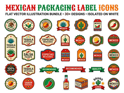 Mexican Food & Drink Packaging Label Icons - A Flat Vector Collection for Culinary Branding