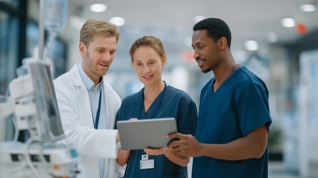 Diverse team of nurses and physicians huddles around a connected infusion pump in a bright hospital corridor discussing a cybersecurity vulnerability alert displayed on a nearby tablet, ideal for