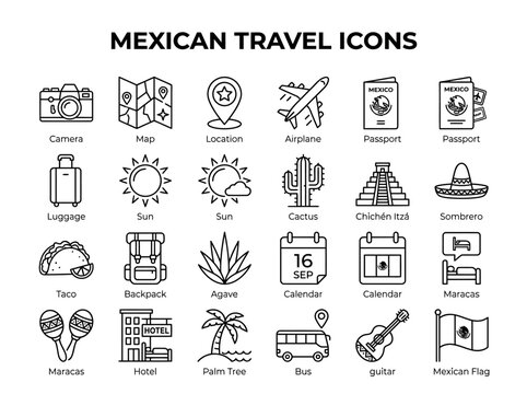 Mexican Travel Icons A Collection of Symbols for Tourism and Adventure