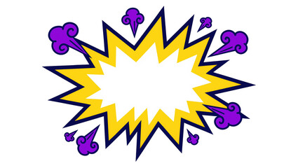 Yellow comic book explosion with purple smoke puffs, isolated on transparent background © Elena