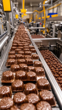 Freshly molded chocolate bars being transported on conveyor belts in a vibrant chocolate production facility with a warm, inviting workspace