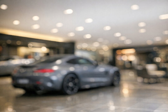 Blurry showroom features a sleek gray sports car. Circular ceiling lights create a soft glow. Reflective floor mirrors the vehicle's polished finish