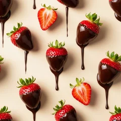 Fresh strawberries glazed with melting dark chocolate drops in seamless pattern on beige background © EwaStudio