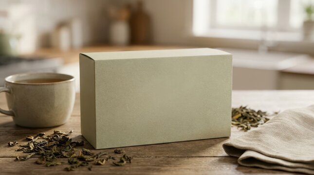 Minimalist tea box mockup with herbs on rustic kitchen table