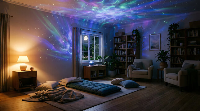 Star Projector Casting Galaxy Lights Across a Cozy Bedroom Ceiling for a Dreamy Atmosphere