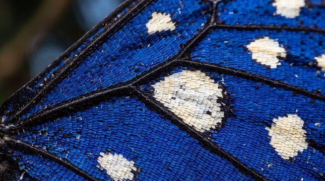 Detailed Macro Shot of a Vibrant Blue Butterfly Wing with White Spots.
