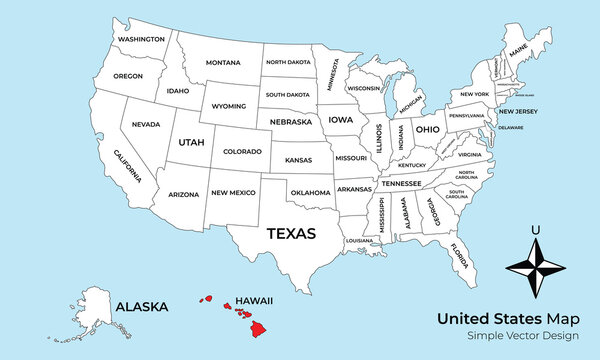 A clear map of the United States of America, highlighting the states and their borders, with Alaska and Hawaii shown separately.