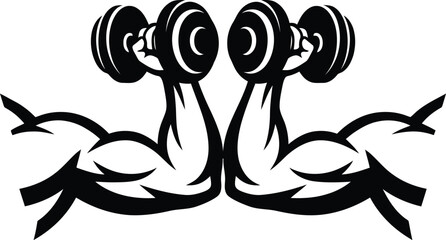 Plakat Strong muscular arms holding dumbbells fitness and gym logo vector illustration