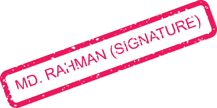 A rectangular pink rubber stamp impression featuring the text md. rahman (signature) in a bold font