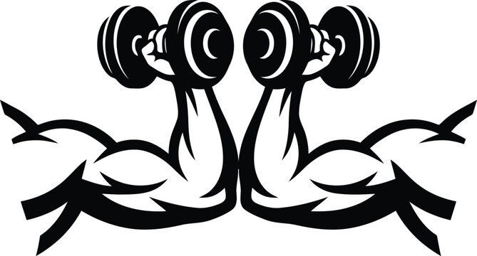 Strong muscular arms holding dumbbells fitness and gym logo vector illustration