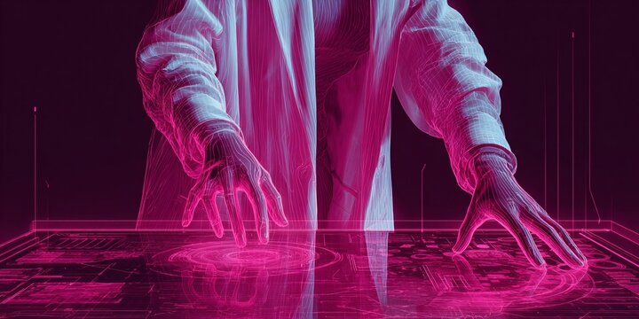 futuristic digital human interface with holographic data interaction in neon pink and blue tones