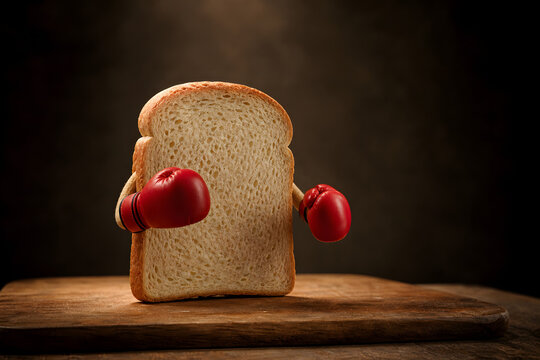 Slice of bread wearing tiny boxing gloves on a wooden cutting board