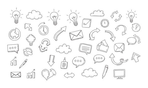 Hand drawn for business and communication concepts lightbulb cloud arrow clock envelope
