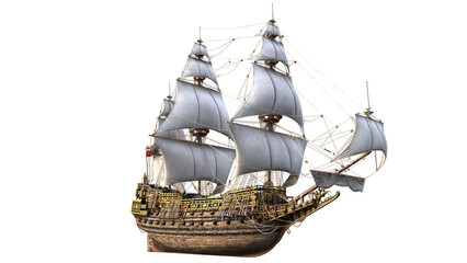 Detailed 2D illustration of a 17th century royal warship with ornate hull, historical sailing vessel concept isolated on transparent background. © FraP 2D