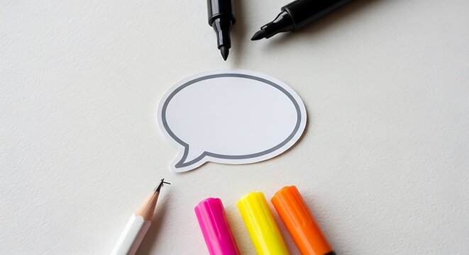Blank speech bubble paper cutout on white background, colorful felt tip pens and markers for creative brainstorming, empty message cloud for communication