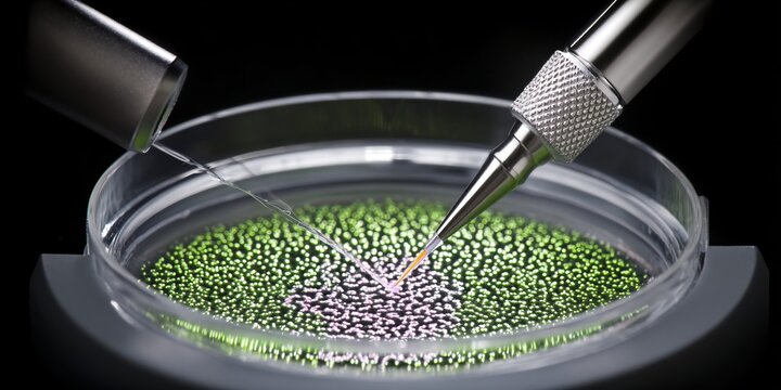advanced laboratory equipment performing dna sequencing with precision tools and glowing microarray