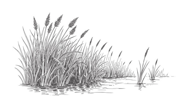 Ink of tall reeds growing in shallow water grass nature