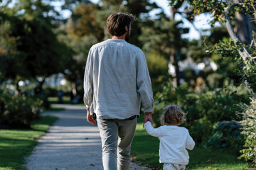 Fototapeta premium Father and Little Daughter Walking Hand in Hand Outdoors in Nature City Park, Protective Parenting Moment, Family Love and Affection, Natural Urban Lifestyle Scene