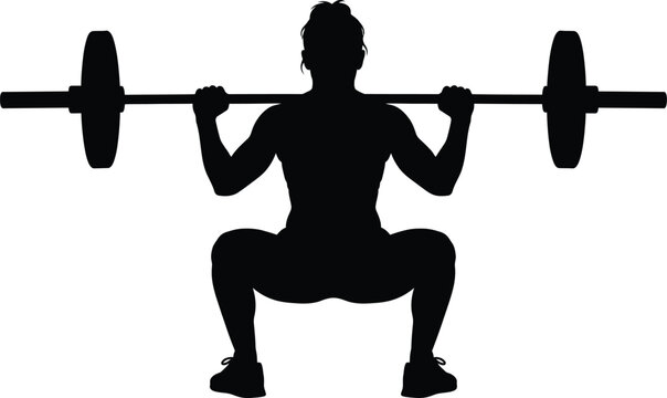 Woman performing barbell squat silhouette fitness and weightlifting vector illustration