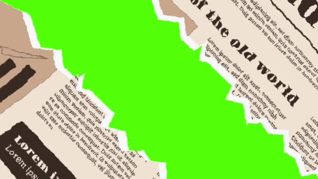 Newsprint Layout with Chroma Key: A creative composition utilizing torn newspaper fragments around a chroma key green backdrop. A space for your message or visuals.