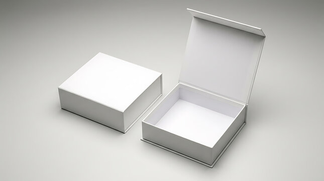 Two white square cardboard gift boxes with one open and one closed on a neutral grey background for product packaging mockup