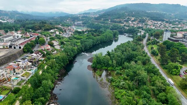 Aerial view flying over mino river ourense