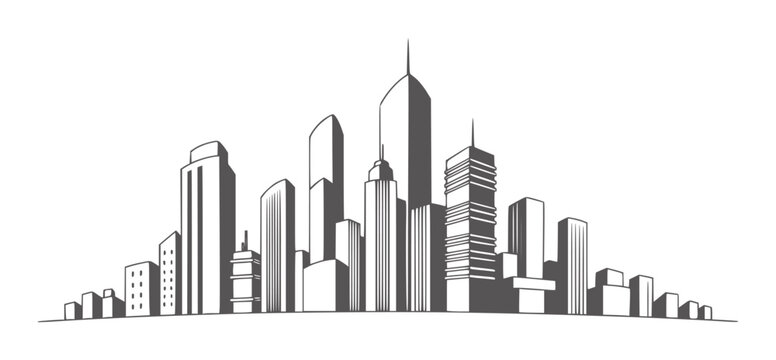 Stylized black and white cityscape silhouette with varied skyscraper heights skyscrapers